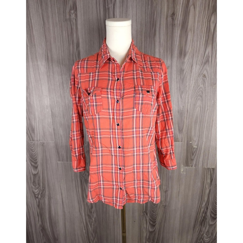Fun & Flirt Western Women's Plaid Pearl Button-Up Shirt Sz L